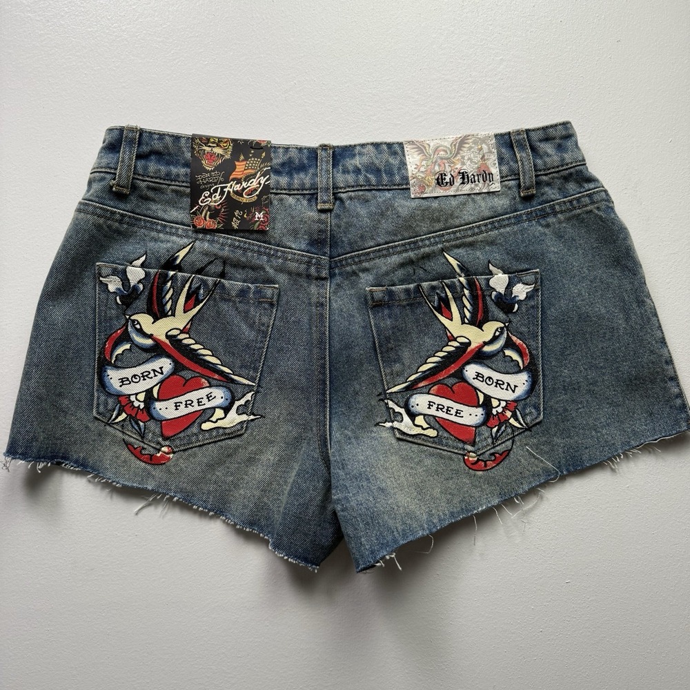 Ed Hardy Women's Flame Heart Denim‎ Shorts Medium Blue Y2K Casual Logo